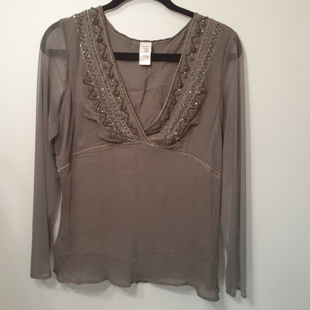 Garnet Hill silk beaded v-neck